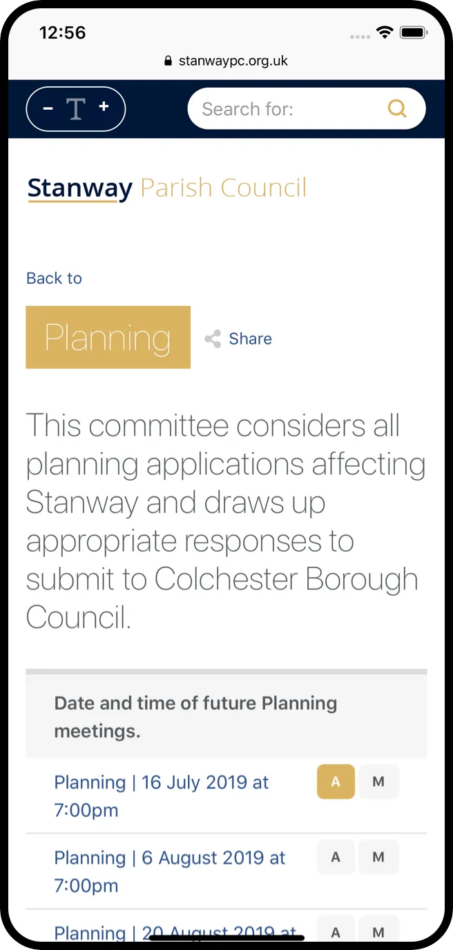 Stanway Parish Council mobile website design screen 1