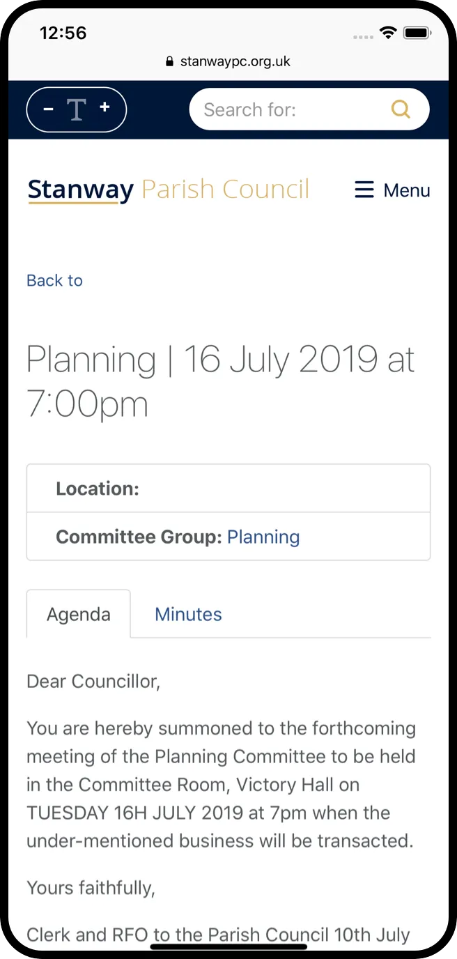Stanway Parish Council mobile website design screen 2